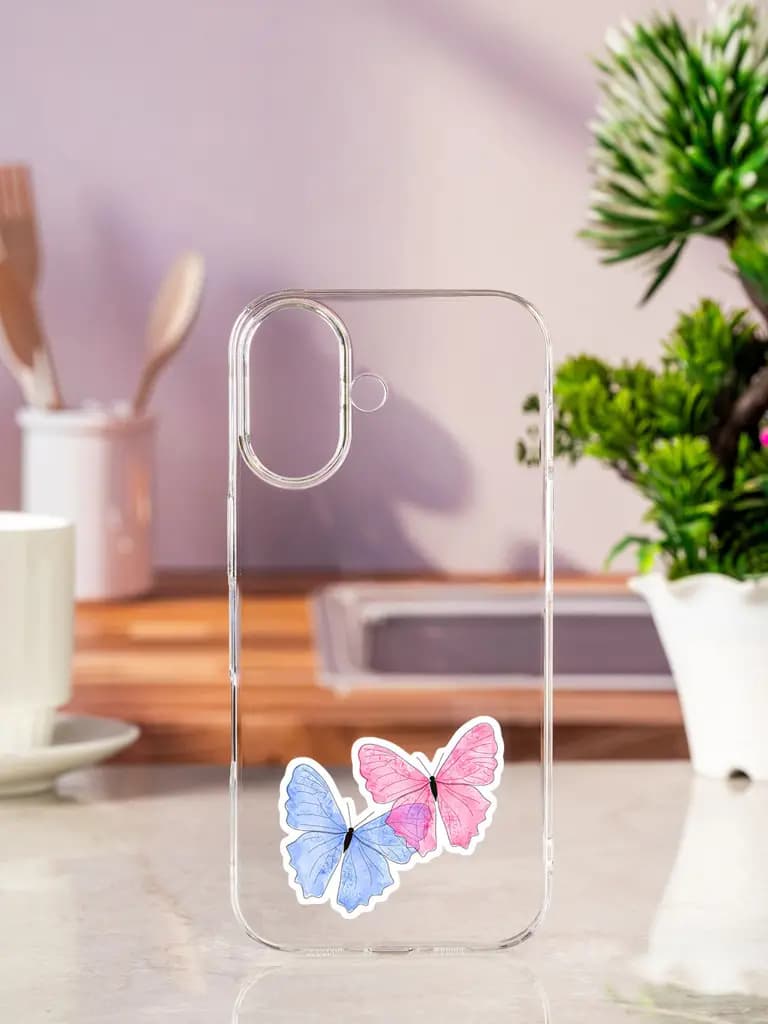 Pink And Blue Butterfly Transparent Printed Mobile Case for Apple Iphone 17
