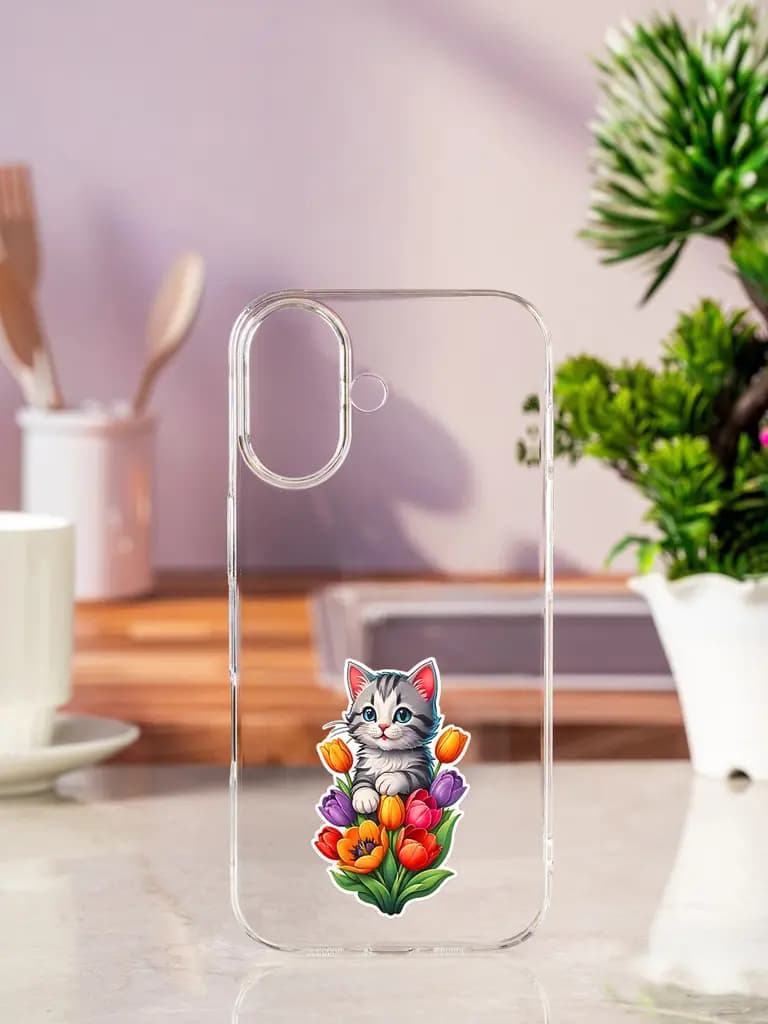 Cat With Tulips Transparent Printed Mobile Case for Apple Iphone 17
