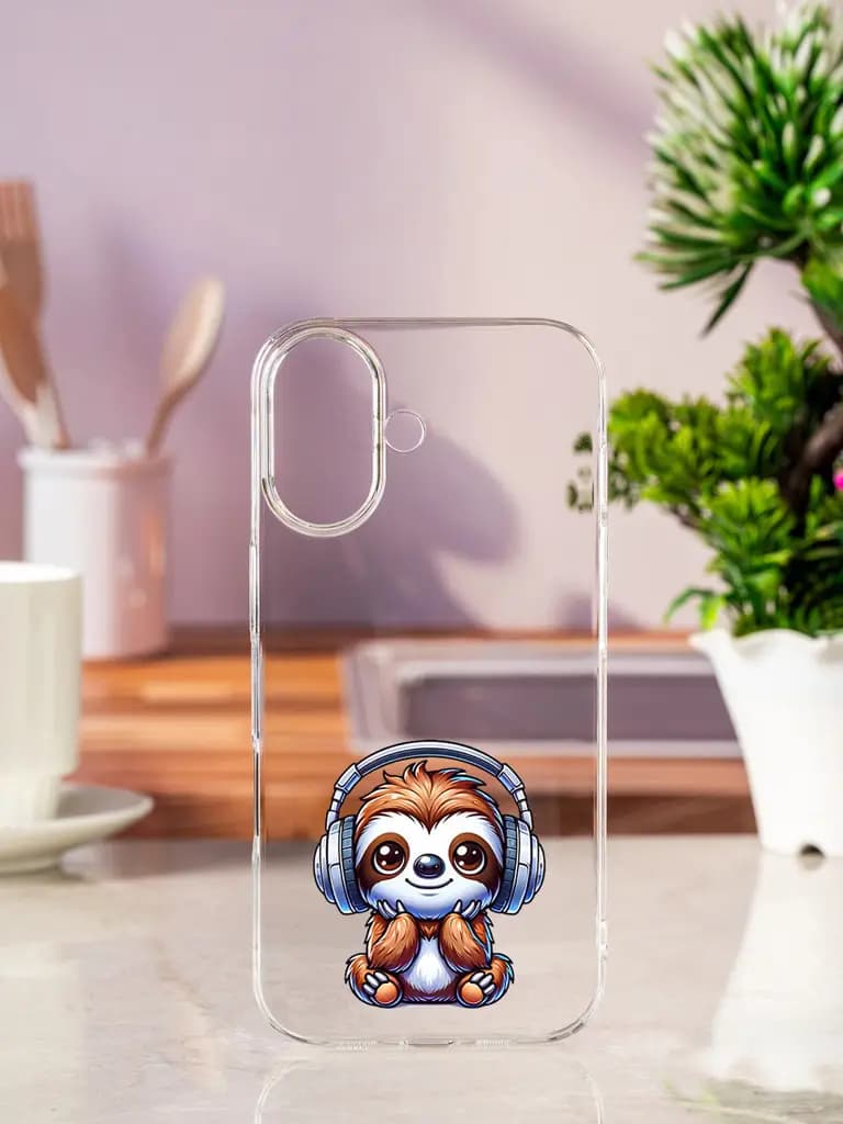 Cute Sloth With Headphones Transparent Printed Mobile Case for Apple Iphone 17