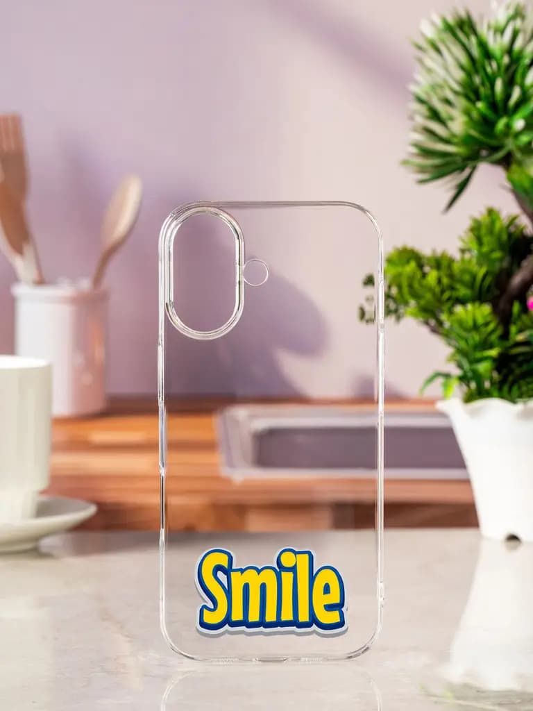 Yellow And Blue Smile Lettering Transparent Printed Mobile Case for Apple Iphone 17