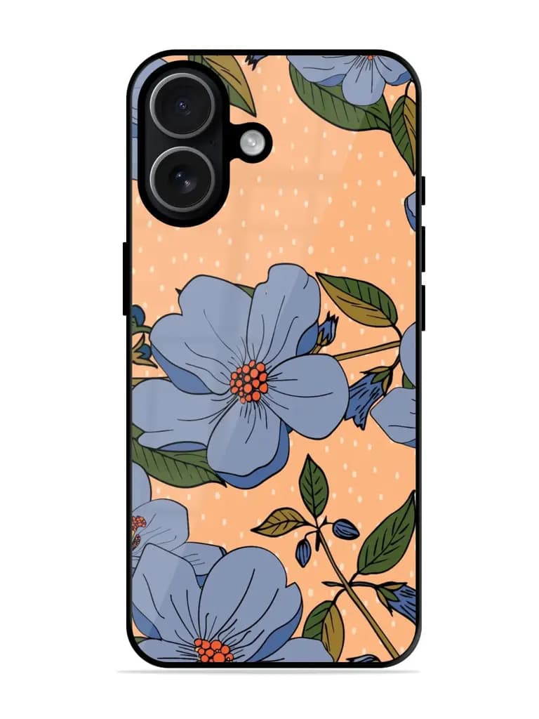 Blue Flowers And Green Leaves On An Orange Background Premium Glass Case for Apple Iphone 17