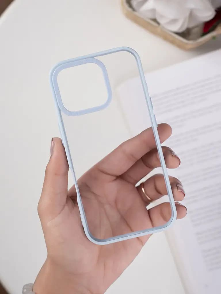 Crystal Clear With Sky Blue Silicone Border Mobile Case For Apple Iphone 17