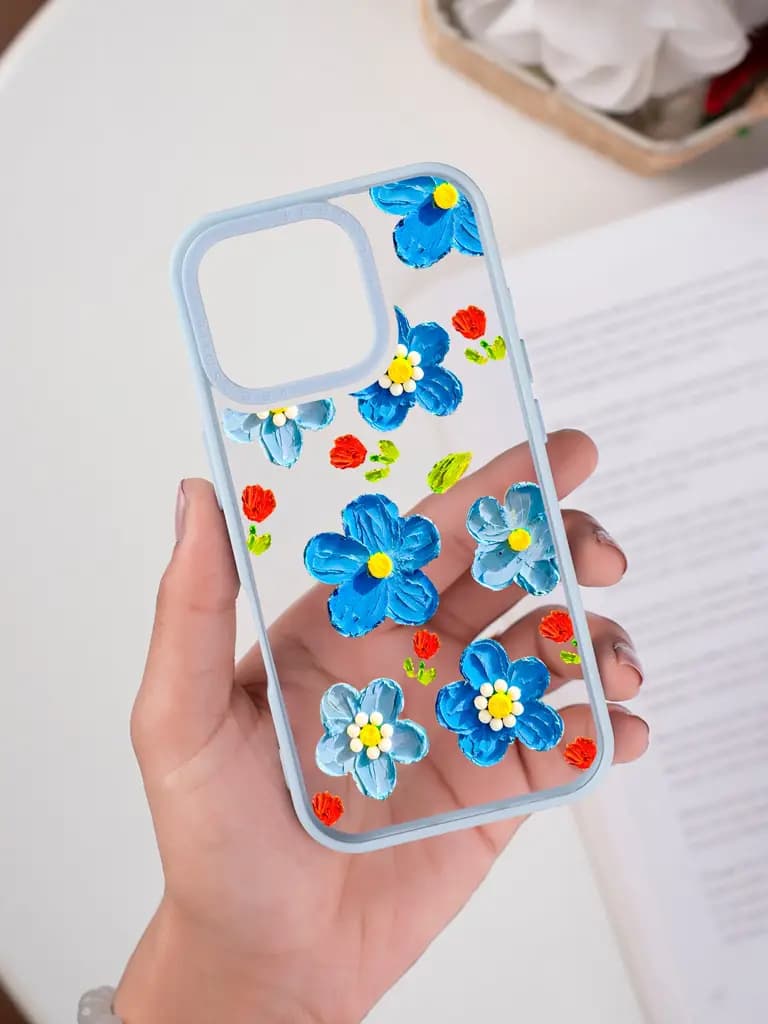 Textured Impasto Cobalt Floral Pattern Transparent Printed Mobile Case for For Apple Iphone 17