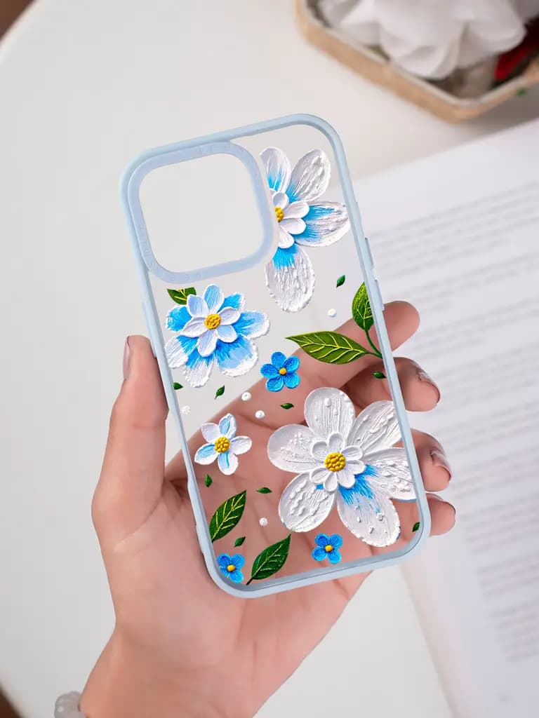 3D Impasto Floral Pattern Transparent Printed Mobile Case for For Apple Iphone 17