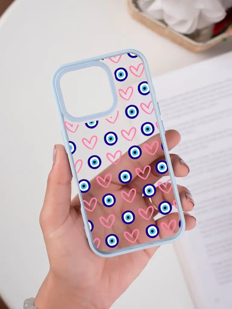 Evil Eye And Pink Heart Transparent Printed Mobile Case for For Apple Iphone 17