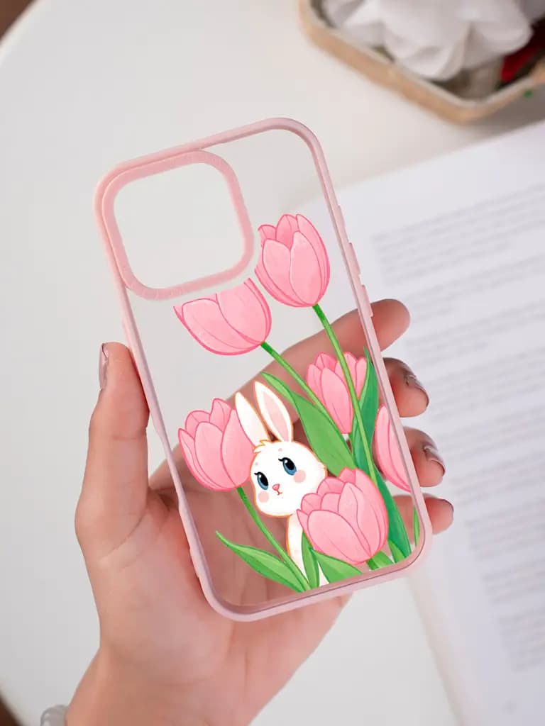 Kawaii Bunny And Tulip Illustration Transparent Printed Mobile Case for For Apple Iphone 17