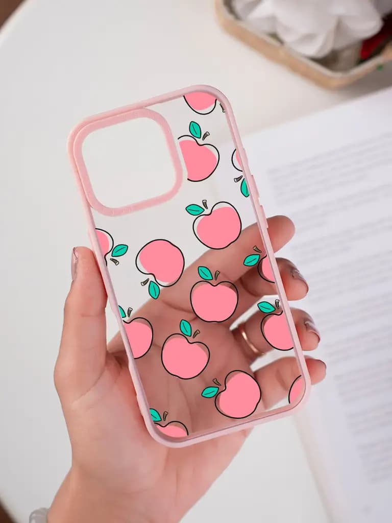 Pink Apples With Green Leaves Transparent Printed Mobile Case for For Apple Iphone 17