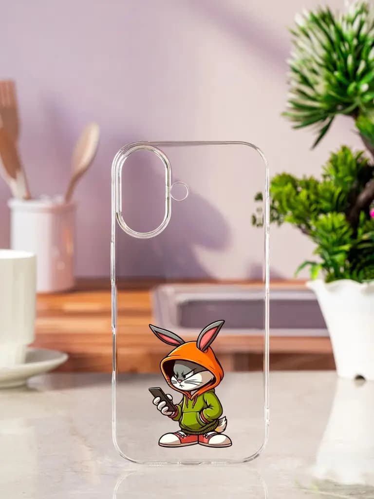 Grumpy Bunny With Phone Transparent Printed Mobile Case for Apple Iphone 17