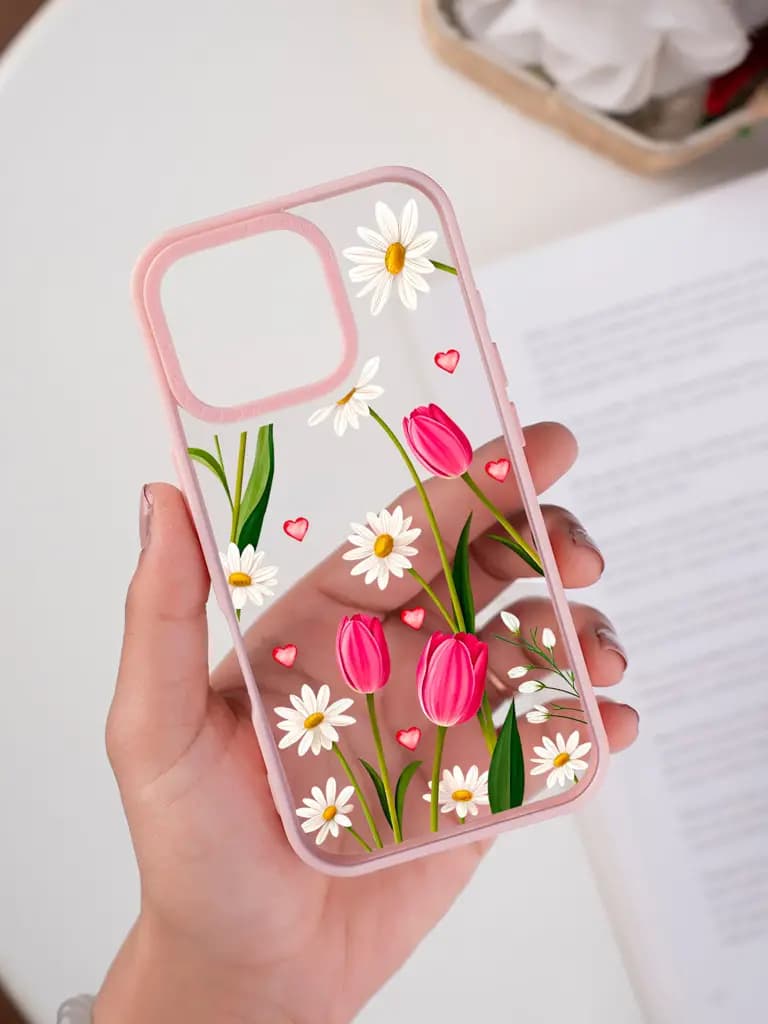 Tulip, Daisy, And Heart Floral Pattern Transparent Printed Mobile Case for For Apple Iphone 17