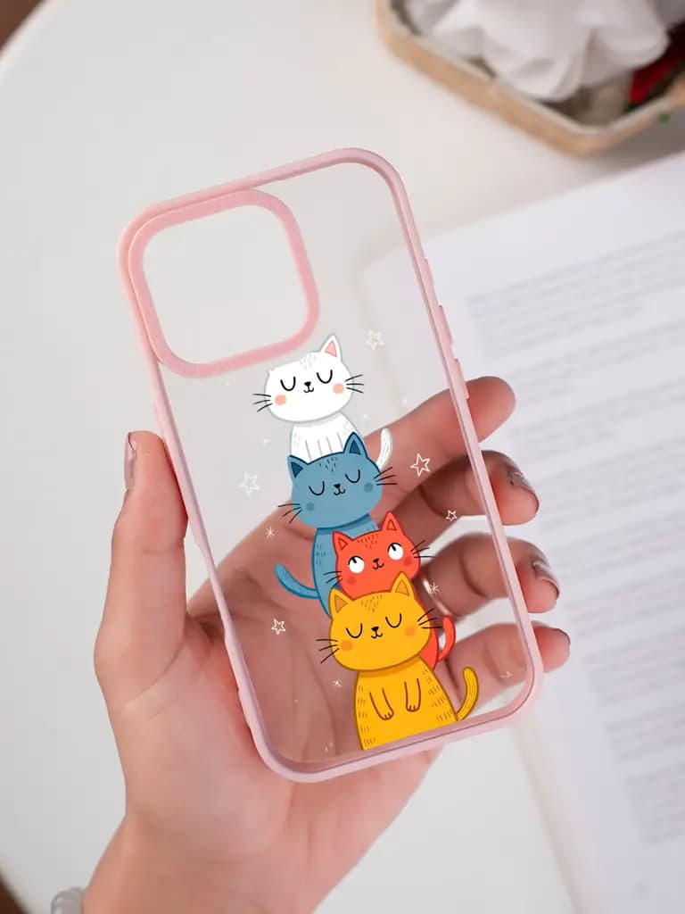 Stacked Cat Character Illustration Transparent Printed Mobile Case for For Apple Iphone 17