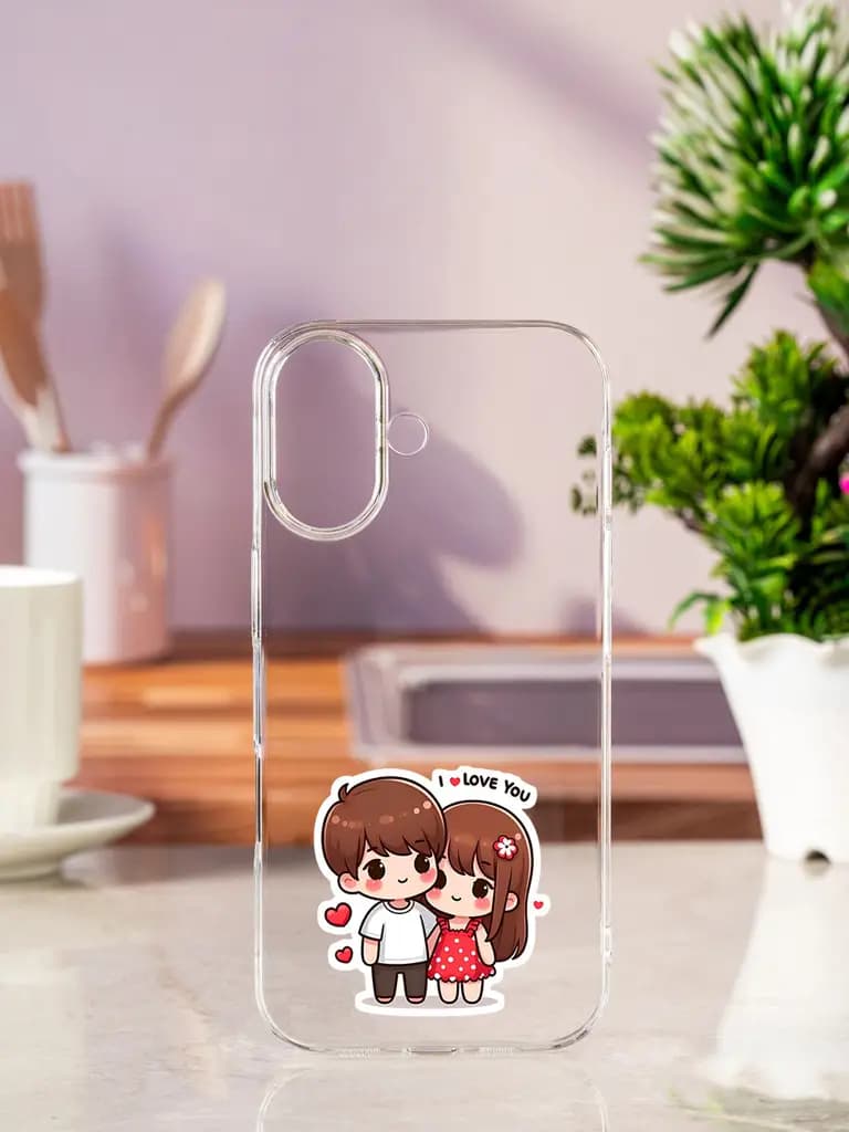 Cute Love Couple Transparent Printed Mobile Case for Apple Iphone 17